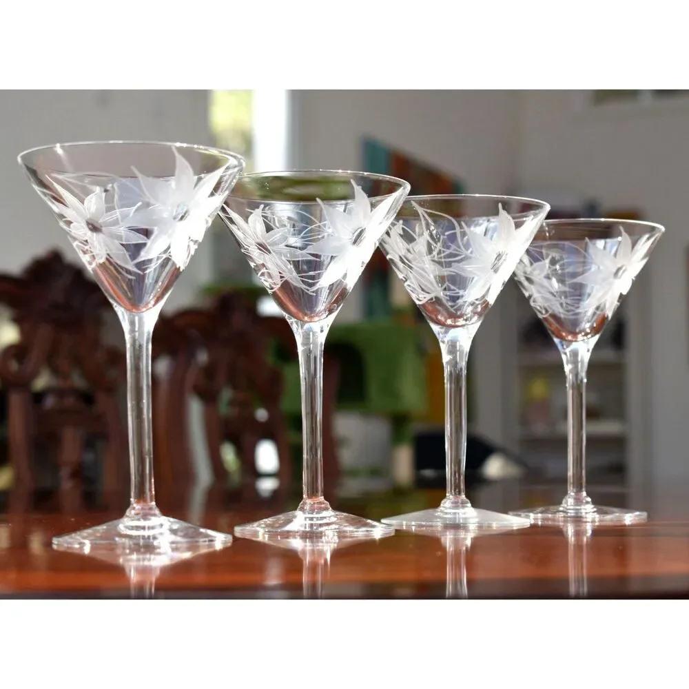 Set of 4 Hand-Blown & Etched Water Goblets – UNK257 Pattern